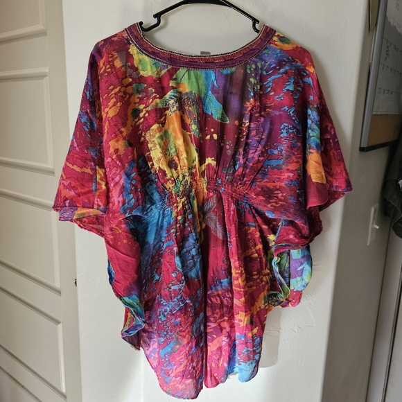 BIBA Vintage Rainbow Watercolor Style Abstract Paint Splatter Batwing Top - Picture 7 of 16